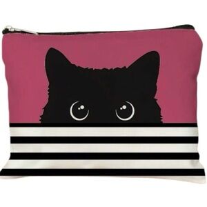 Black Cat Peek Makeup Bag Canvas Cosmetic Travel Pouch Striped Double Sided NWOT